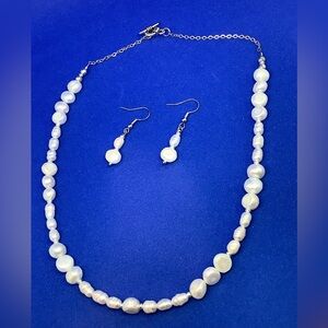 Freshwater pearl necklace stainless steel silver toggle handmade 18” earring set